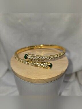 Freida Rothman Goldtone Pavé Crystal Open Bangle Bracelet with Green Accent